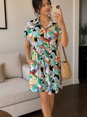 Multicolor Abstract Short Sleeve Drawstring Jumpsuit